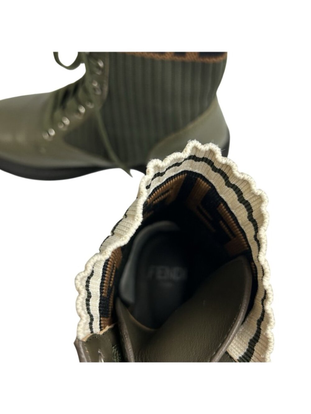 Fendi Rockoko Combat Green Leather Knit Boots Womens EU 37/US 7 Made In Italy - Picture 7 of 13